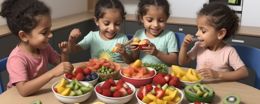 Crianças felizes comendo frutas e legumes em um ambiente escolar, promovendo alimentação saudável e controle do IMC infantil.