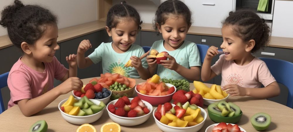 Crianças felizes comendo frutas e legumes em um ambiente escolar, promovendo alimentação saudável e controle do IMC infantil.
