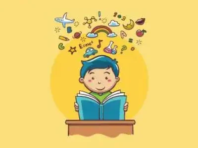 desenho de uma criança lendo um livro com a imaginação florescendo de ideias representando a superdotação