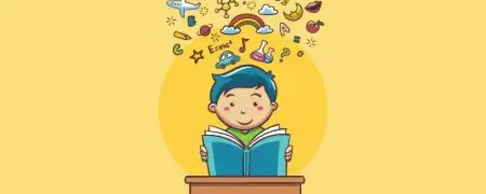 desenho de uma criança lendo um livro com a imaginação florescendo de ideias representando a superdotação