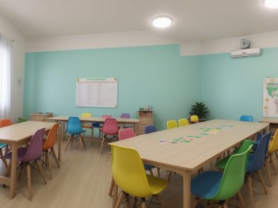 Imagem de sala de aula com alunos aprendendo educação financeira, utilizando jogos e materiais educativos.
