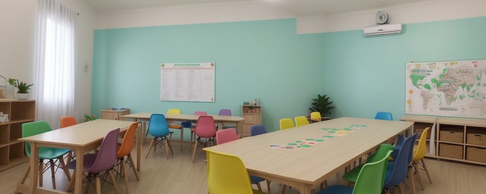 Imagem de sala de aula com alunos aprendendo educação financeira, utilizando jogos e materiais educativos.