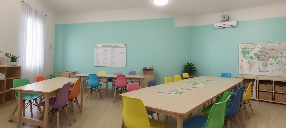 Imagem de sala de aula com alunos aprendendo educação financeira, utilizando jogos e materiais educativos.