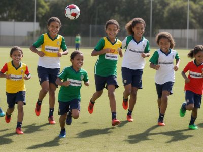 Crianças praticando esportes e participando de jogos escolares em um ambiente escolar, promovendo os benefícios da educação física