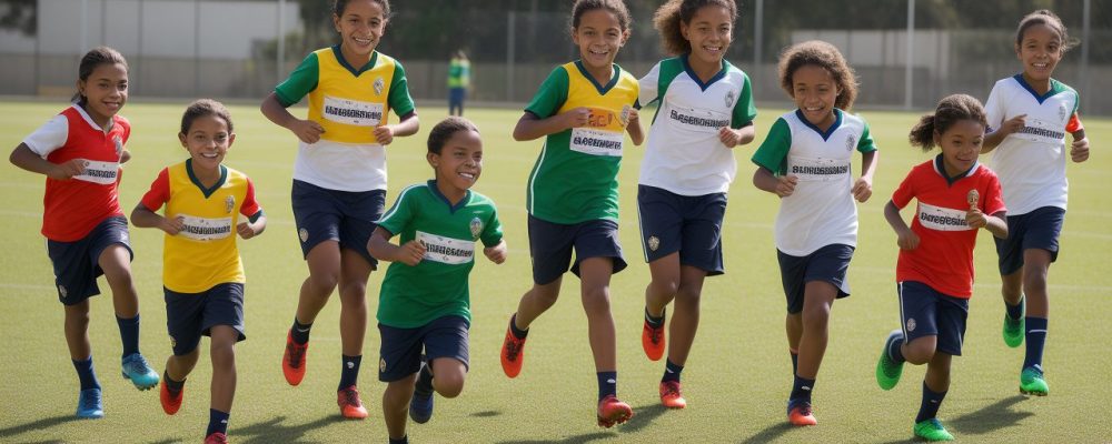 Crianças praticando esportes e participando de jogos escolares em um ambiente escolar, promovendo os benefícios da educação física