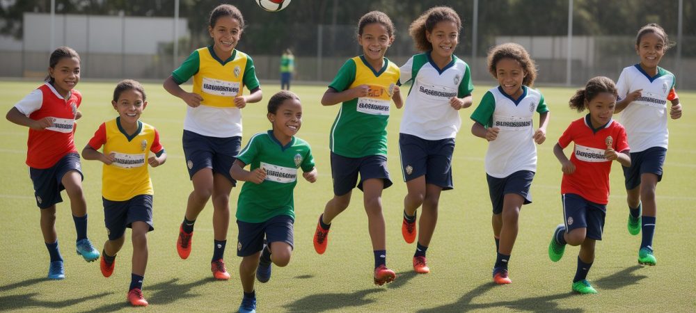 Crianças praticando esportes e participando de jogos escolares em um ambiente escolar, promovendo os benefícios da educação física