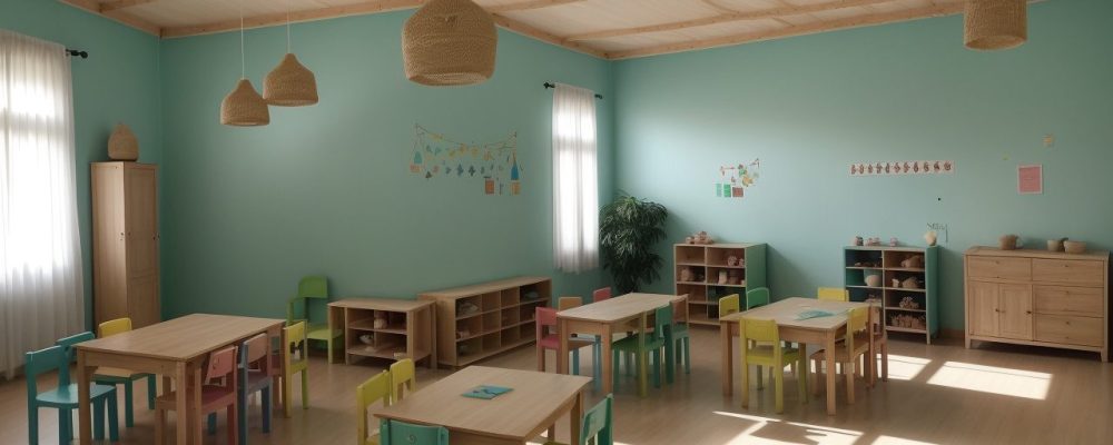 Crianças em um ambiente Montessori, explorando materiais educativos e desenvolvendo autonomia.