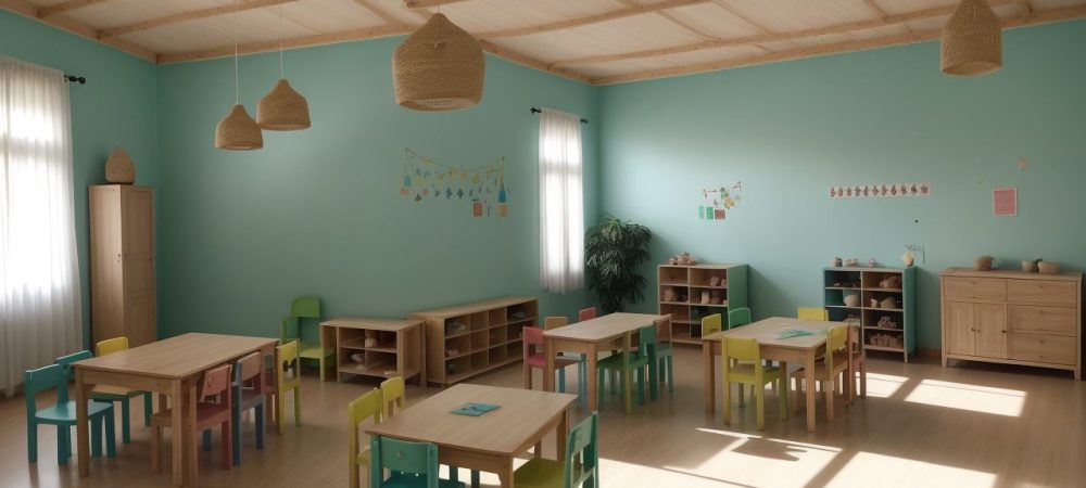 Crianças em um ambiente Montessori, explorando materiais educativos e desenvolvendo autonomia.