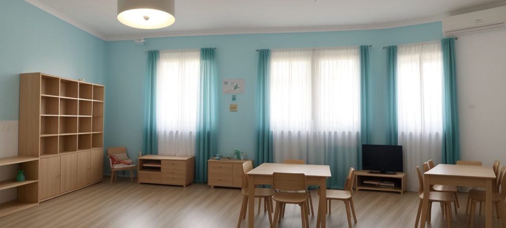 Sala de aula montessori com mobiliário adequado e crianças interagindo em atividades educativas, promovendo a autonomia.