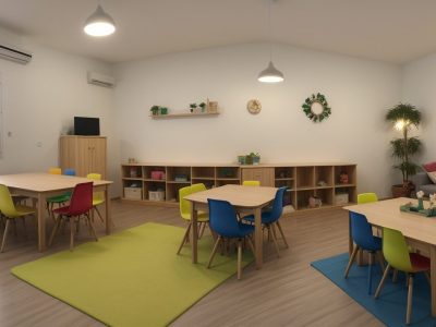 Visão geral de uma sala de aula montessori com mobiliário, materiais e crianças aprendendo.