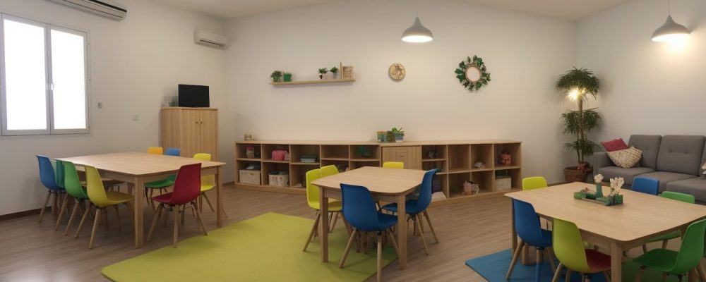Visão geral de uma sala de aula montessori com mobiliário, materiais e crianças aprendendo.