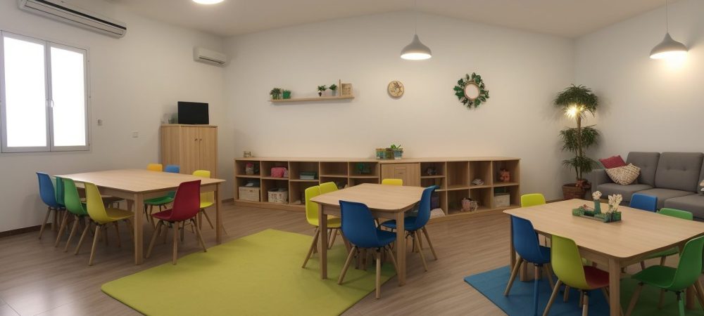 Visão geral de uma sala de aula montessori com mobiliário, materiais e crianças aprendendo.