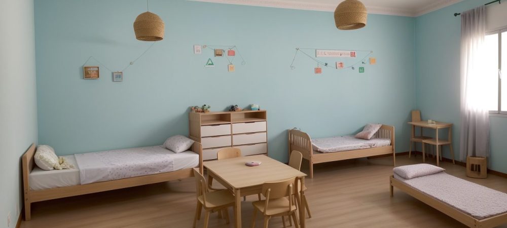 Sala de aula montessori com mobiliário e ambiente que estimula a autonomia e criatividade das crianças na educação.