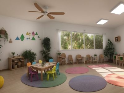 Visão geral de uma sala de aula Montessori, com mobiliário adaptado e materiais educativos acessíveis para crianças.