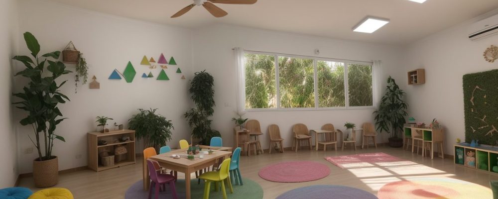 Visão geral de uma sala de aula Montessori, com mobiliário adaptado e materiais educativos acessíveis para crianças.
