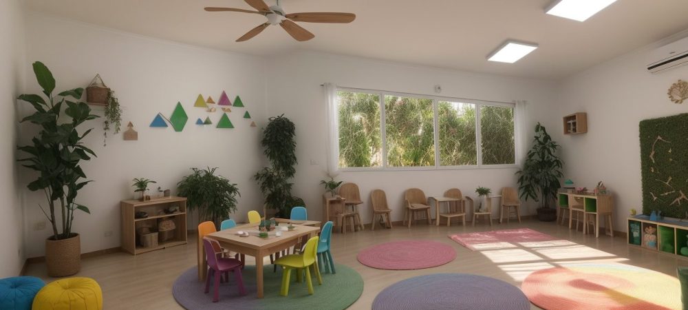 Visão geral de uma sala de aula Montessori, com mobiliário adaptado e materiais educativos acessíveis para crianças.