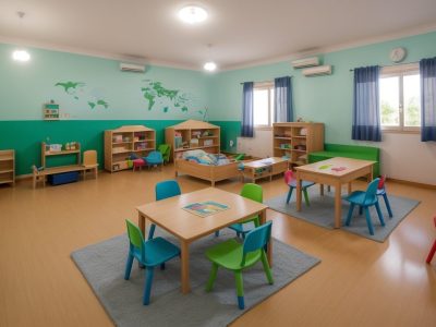 Visão geral de uma sala de aula montessori, com mobiliário adequado e crianças engajadas em atividades de aprendizado.