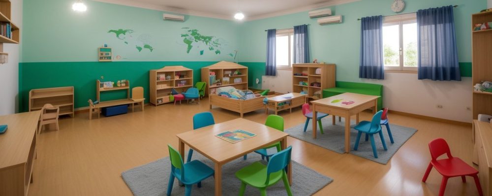 Visão geral de uma sala de aula montessori, com mobiliário adequado e crianças engajadas em atividades de aprendizado.