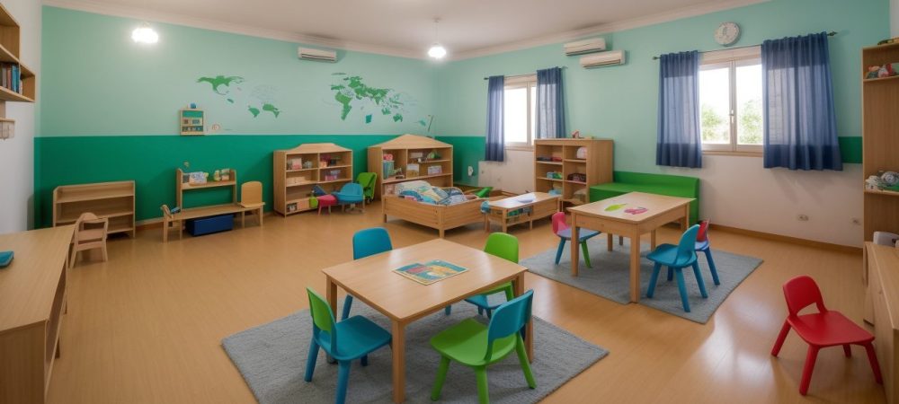 Visão geral de uma sala de aula montessori, com mobiliário adequado e crianças engajadas em atividades de aprendizado.