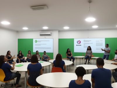 Imagem mostrando uma sala de aula com adultos interagindo em um curso de Andragogia, com foco nos benefícios da educação para jovens e adultos e desenvolvimento profissional