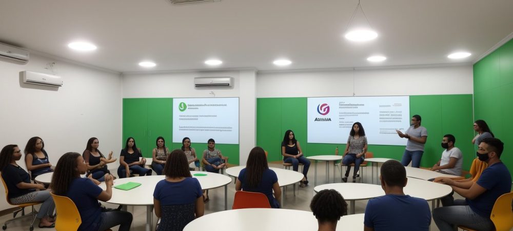 Andragogia na Educação: Engajamento e Aprendizado Imagem mostrando uma sala de aula com adultos interagindo em um curso de Andragogia, com foco nos benefícios da educação para jovens e adultos e desenvolvimento profissional