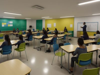 Ambiente de sala de aula com alunos e ferramentas de monitoramento para dificuldades de aprendizagem