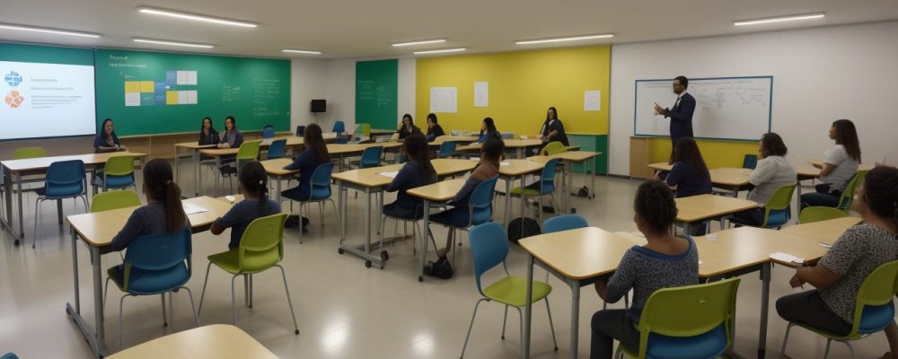 Ambiente de sala de aula com alunos e ferramentas de monitoramento para dificuldades de aprendizagem