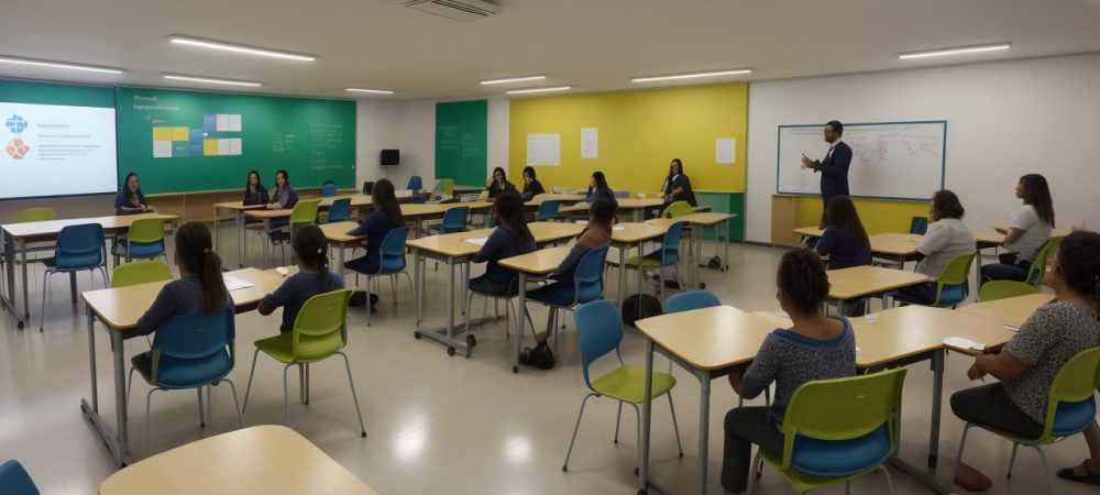 Ambiente de sala de aula com alunos e ferramentas de monitoramento para dificuldades de aprendizagem