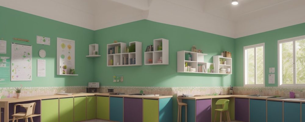 Ambiente educativo colorido com crianças interagindo e aprendendo sobre dificuldades de aprendizagem.