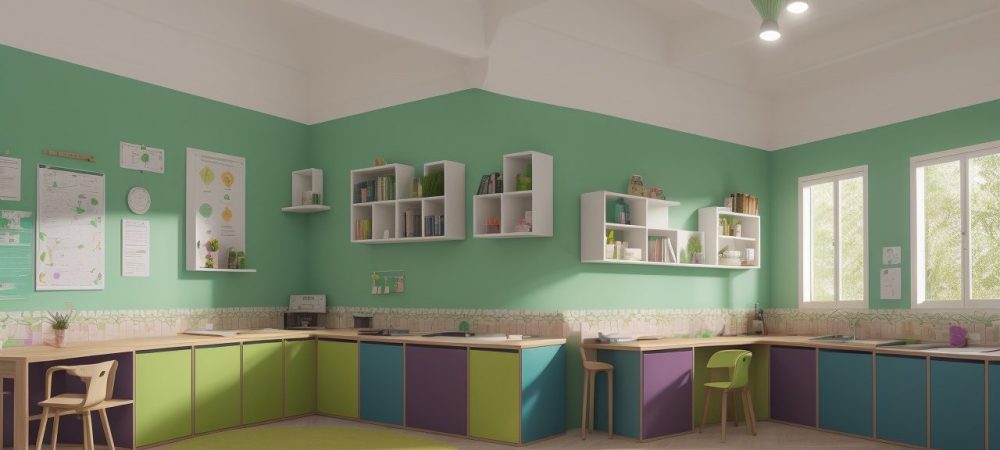 Ambiente educativo colorido com crianças interagindo e aprendendo sobre dificuldades de aprendizagem.