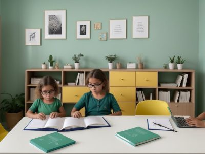 Ambiente familiar estimulante com crianças estudando e interagindo com materiais didáticos adaptados.