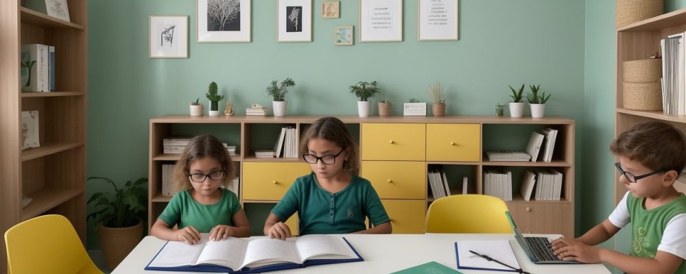 Ambiente familiar estimulante com crianças estudando e interagindo com materiais didáticos adaptados.