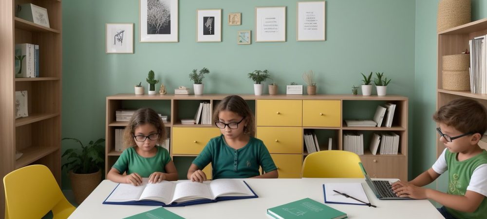 Ambiente familiar estimulante com crianças estudando e interagindo com materiais didáticos adaptados.