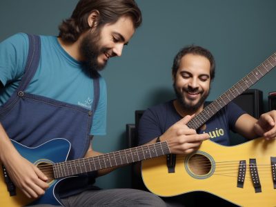 Alunos aprendendo guitarra em um curso online, com foco em acordes e escalas, ideal para iniciantes.
