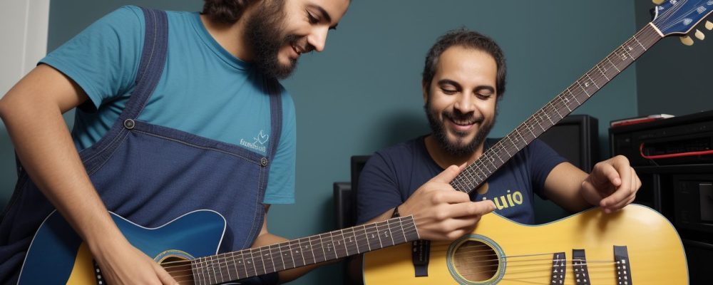 Alunos aprendendo guitarra em um curso online, com foco em acordes e escalas, ideal para iniciantes.