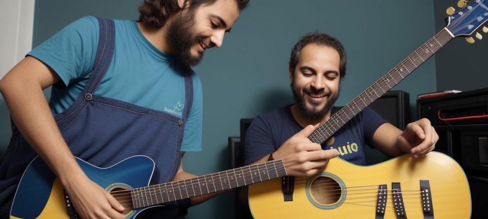 Alunos aprendendo guitarra em um curso online, com foco em acordes e escalas, ideal para iniciantes.