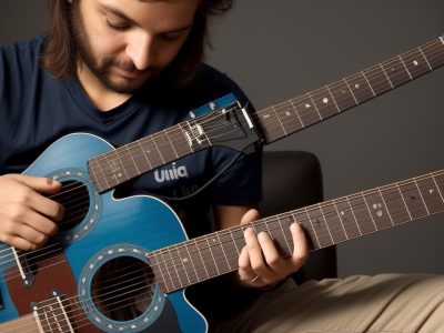 Mãos tocando guitarra em aula online, representando o curso de guitarra para iniciantes