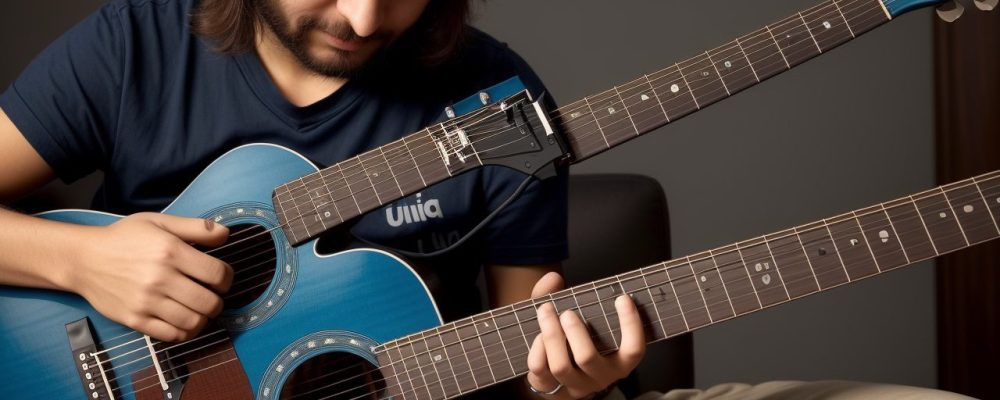 Mãos tocando guitarra em aula online, representando o curso de guitarra para iniciantes