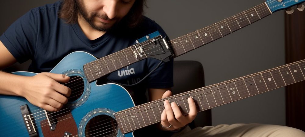 Mãos tocando guitarra em aula online, representando o curso de guitarra para iniciantes