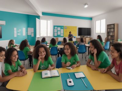 Alunos em aulas de italiano online, utilizando plataformas digitais e interagindo com professores e colegas, com foco em exercícios práticos.