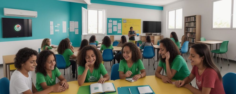 Alunos em aulas de italiano online, utilizando plataformas digitais e interagindo com professores e colegas, com foco em exercícios práticos.