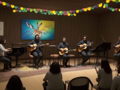 Alunos aprendendo música em aulas online, com instrumentos musicais e partituras.