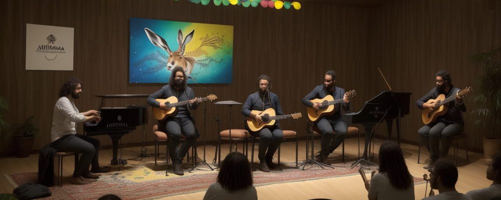 Alunos aprendendo música em aulas online, com instrumentos musicais e partituras.