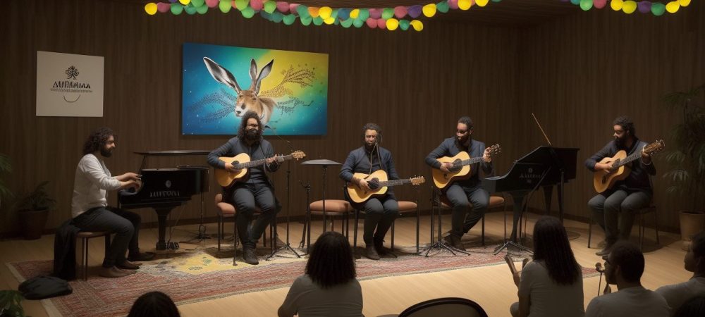 Alunos aprendendo música em aulas online, com instrumentos musicais e partituras.