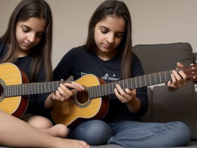 Imagem de um violão com um jovem estudante tocando em um ambiente online, com foco em aulas de violão e curso de violão online.
