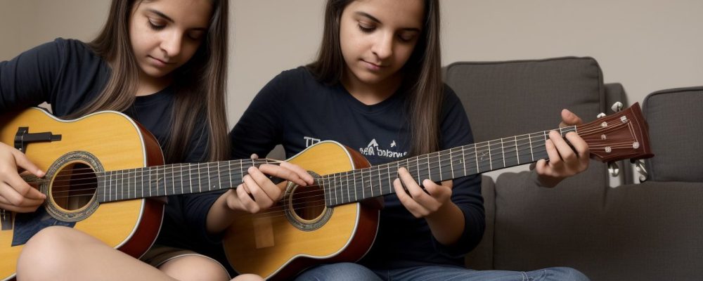 Imagem de um violão com um jovem estudante tocando em um ambiente online, com foco em aulas de violão e curso de violão online.