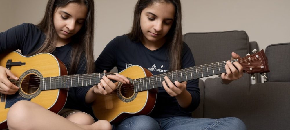 Imagem de um violão com um jovem estudante tocando em um ambiente online, com foco em aulas de violão e curso de violão online.
