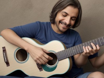 Alguém tocando violão em um ambiente acolhedor, com partituras e um sorriso, representando o aprendizado musical e o curso de violão online