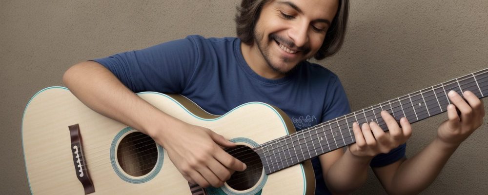 Alguém tocando violão em um ambiente acolhedor, com partituras e um sorriso, representando o aprendizado musical e o curso de violão online