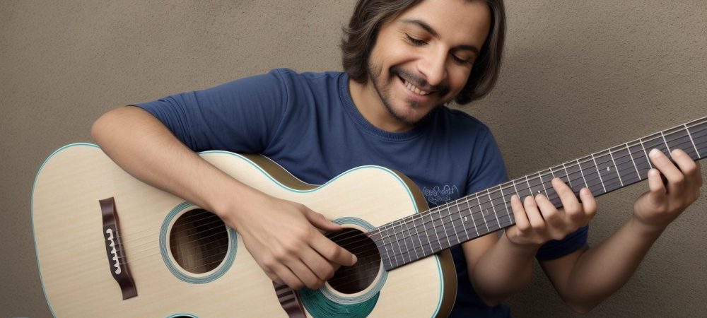 Alguém tocando violão em um ambiente acolhedor, com partituras e um sorriso, representando o aprendizado musical e o curso de violão online